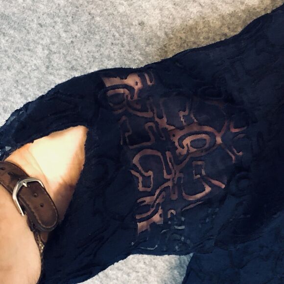 Alfred Dunner Blouse Womens 12 Navy Blue Semi Sheer Lace Geometric Button-Down - Picture 3 of 11